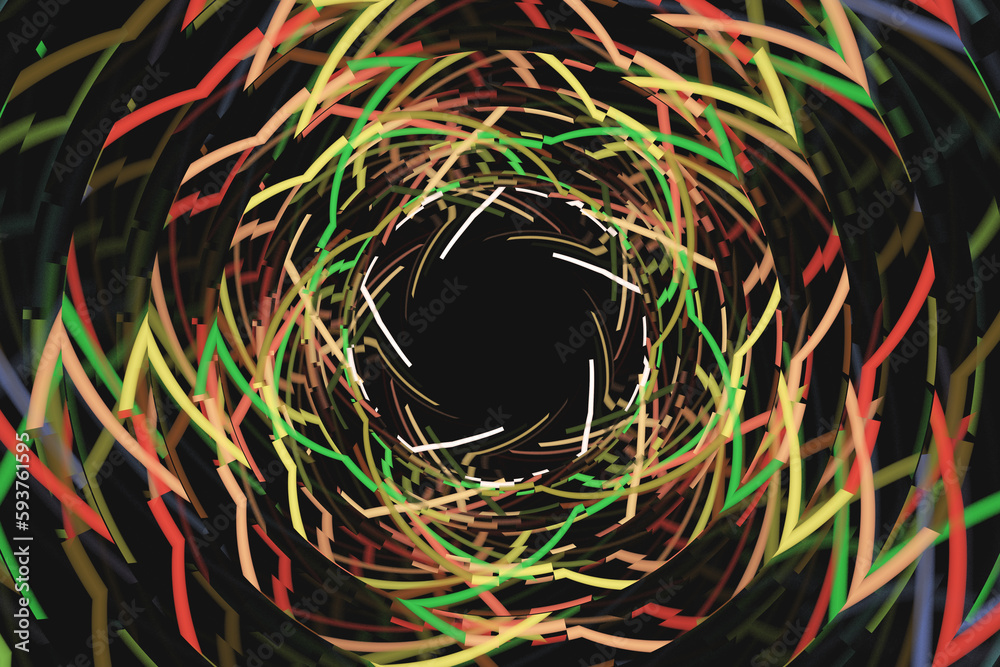 Wall mural multicolored bright broken pattern of crooked waves on a black background. abstract fractal 3d rende