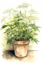 Botanical Watercolor Illustration of Meadowsweet in Pot. Generative AI