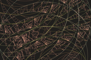 Green orange pattern of crooked threads on a black background. Abstract fractal 3D rendering