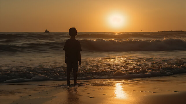 Boy silhouette standing on beach near sea and looking on the waves in sunset