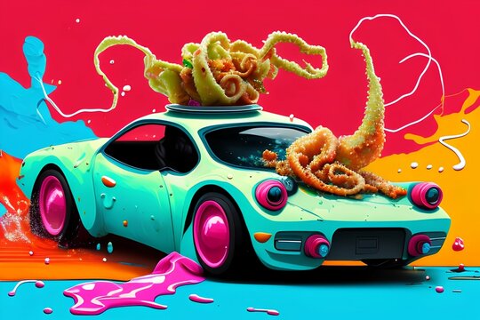 olpntng style, Calamari driving in a sports car, oil paint, heavy blows, paint dripping - generative ai