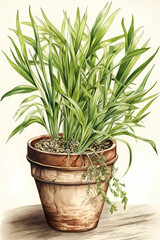 Botanical Watercolor Illustration of Oat in Pot. Generative AI