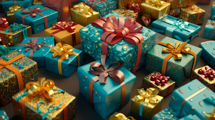 Fototapeta na wymiar Many boxes with gifts tied with a bow, timed for Christmas or Birthday, as well as St. Valentine's Day, created with Generative AI Technology