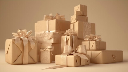 Many boxes with gifts tied with a bow, timed for Christmas or Birthday, as well as St. Valentine's Day, created with Generative AI Technology