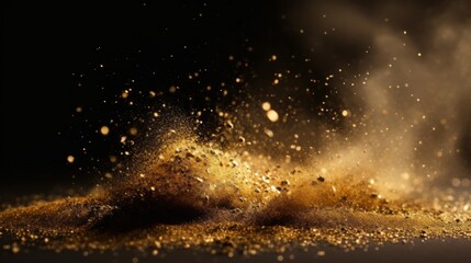 gold dust, black background, striking, dramatic, luxurious, fine particles, shimmer, shine, mesmerizing, contrast, bold, powerful, high-end, jewelry, fashion, luxury branding, glamour, sophistication