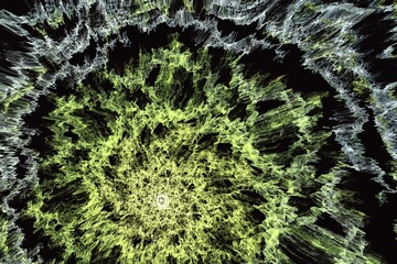 Green pattern of crooked waves on a black background. Abstract fractal 3D rendering