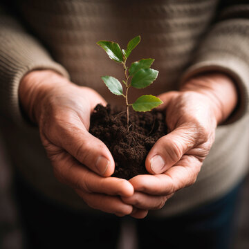 close look at the hands of an elderly man with a small tree sapling in the ground, a concept of environmental protection and caring, created with Generative AI Technology