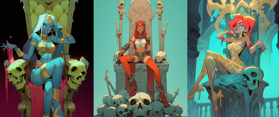 illustration of a mystic and evil queen girl siting on a throne, collection