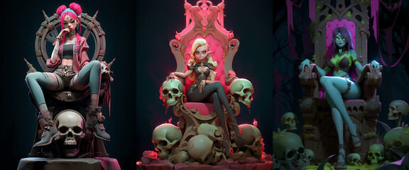 Fototapeta premium illustration of a mystic and evil queen girl siting on a throne, collection