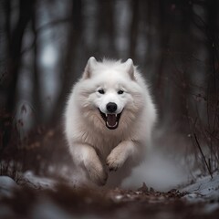 Obraz premium A white dog is running through the woods created with Generative AI technology