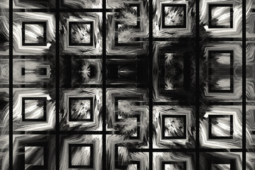 White pattern with squares of crooked waves on a black background. Abstract fractal 3D rendering