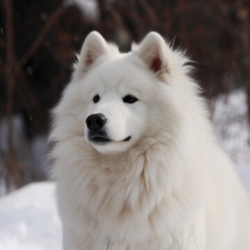 A large white dog standing in the snow created with Generative AI technology