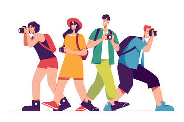 Naklejka premium Vector illustration of a group of enthusiastic friends tourists travelers taking photo pictures using cameras