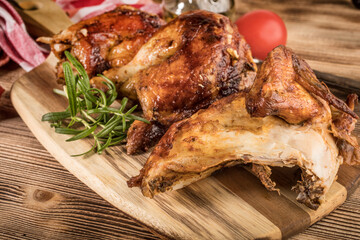 Pieces of roasted chicken.
