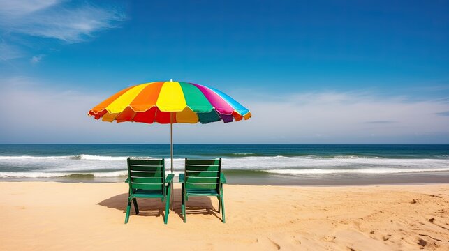 Two empty seats under a multicolored rainbow umbrella stand on a sandy beach against the background of beautiful blue sea. Generative AI