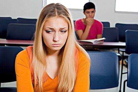 Sad bullied female high school student sitting at a classroom desk. Generative Ai