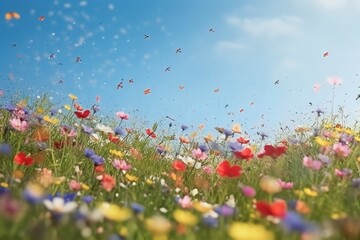 Obraz na płótnie Canvas A beautiful field of flowers with flying petals, ai generated.