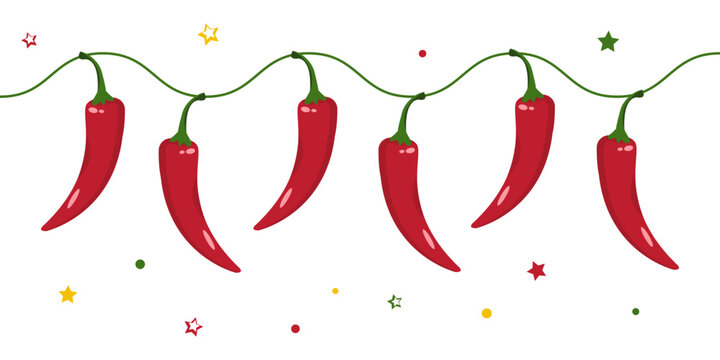 Chili pepper border. Mexican frame, fiesta Cinco de Mayo, hot red chilli peppers, spicy food background. Holiday vegetable illustration