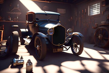 pltn style, early twentieth century auto mechanic, shiny car in workshop, intricate detail - generative ai - obrazy, fototapety, plakaty