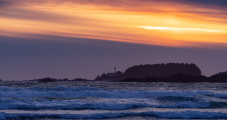 West Coast on Pacific Ocean during dramatic Sunset. Cox Bay, Tofino, Vancouver Island, BC, Canada. Canadian Nature Background