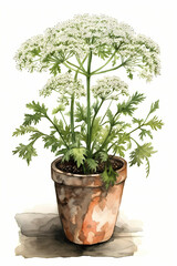 Botanical Watercolor Illustration of Queen Anne's Lace in Pot. Generative AI
