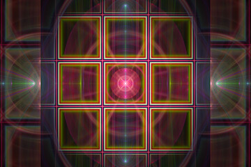 Red multi-colored pattern of curved shapes with squares on a black background. Abstract fractal 3D rendering