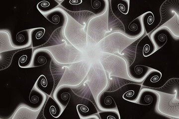 Gray floral pattern of crooked waves on a black background. Abstract fractal 3D rendering