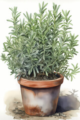 Botanical Watercolor Illustration of Rosemary in Pot. Generative AI