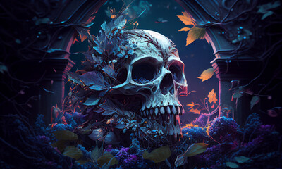 Colorful Skull With Trees And Leaves Generative AI