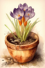 Botanical Watercolor Illustration of Saffron Crocus in Pot. Generative AI