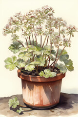 Botanical Watercolor Illustration of Saxifrage in Pot. Generative AI