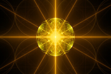 Orange glowing pattern of curved shapes and rays on a black background. Abstract fractal 3D rendering