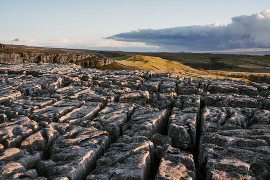 Sunset and limestone pavement at Malham Cove