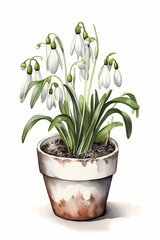 Botanical Watercolor Illustration of Snowdrop in Pot. Generative AI