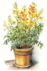 Botanical Watercolor Illustration of Spanish Broom in Pot. Generative AI