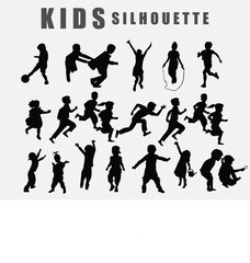 set of silhouette group kids running, laughing, playing together enjoy the happiness