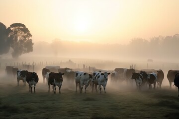 a herd of cattle grazes on a foggy morning in the farm fields. generative AI
