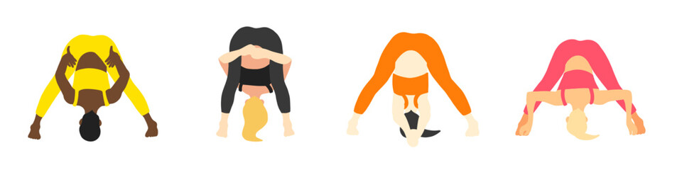 Flexibility yoga poses collection. European, African, Asian female, lady, woman, girl. Pilates, mental health, training, gym. Vector illustration in cartoon flat style isolated on white background.