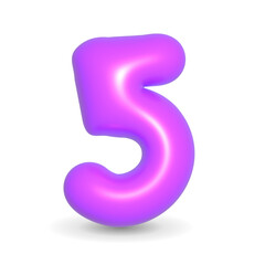 Luxury, colorful and glossy purple balloon digit five. 3d realistic design illustration isolated on white and alpha background. For Party, Happy Birthday, Events.