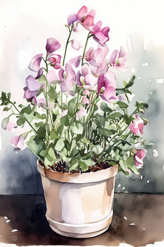 Botanical Watercolor Illustration of Sweet Pea in Pot. Generative AI