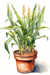 Botanical Watercolor Illustration of Sweetcorn in Pot. Generative AI