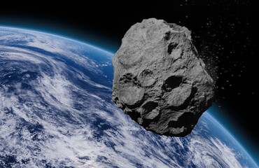 Blue Earth and asteroids in the space. View of planet Earth from space. Elements of this image furnished by NASA, 3d animation © Mikael Damkier