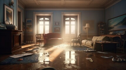 Flooded flat interior, living room. Generative AI
