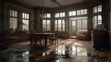 Flooded flat interior, living room. Generative AI
