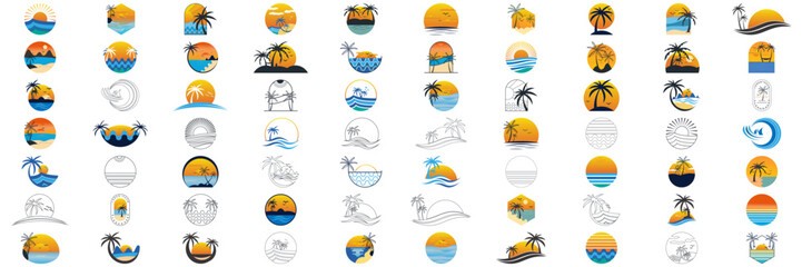summer Beach and island logo design, vector design template of beach icons