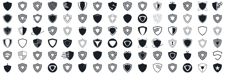 Shield icon set in vintage style. Protect shield security line icons. Badge quality symbol, sign, logo or emblem. Vector illustration - obrazy, fototapety, plakaty