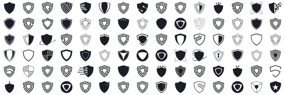 Shield icon set in vintage style. Protect shield security line icons. Badge quality symbol, sign, logo or emblem. Vector illustration