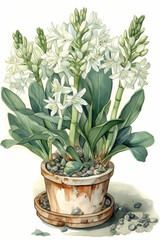 Botanical Watercolor Illustration of Tuberose in Pot. Generative AI