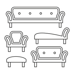 Sofa and armchair icon set, black line isolated on white background, vector illustration.