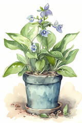 Botanical Watercolor Illustration of Virginia Bluebell in Pot. Generative AI